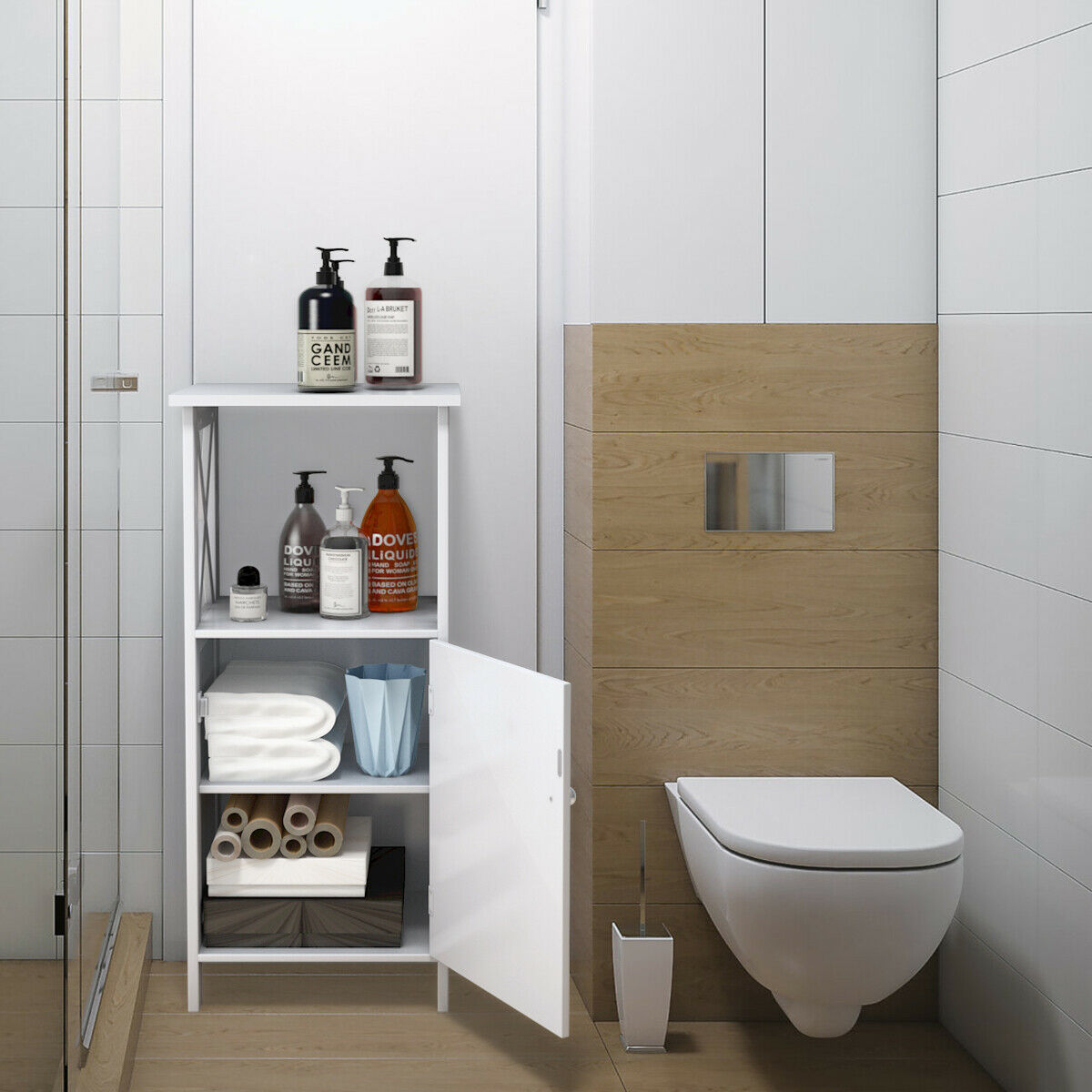Bathroom Floor Storage Cabinet Organizer W/ Door Adjustable Shelf White