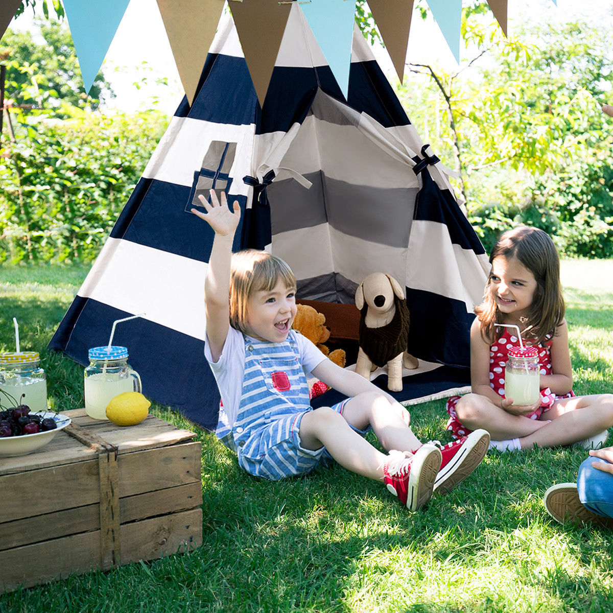 Portable Play Tent Teepee Children Playhouse Sleeping Dome W/Carry Bag - White + Blue