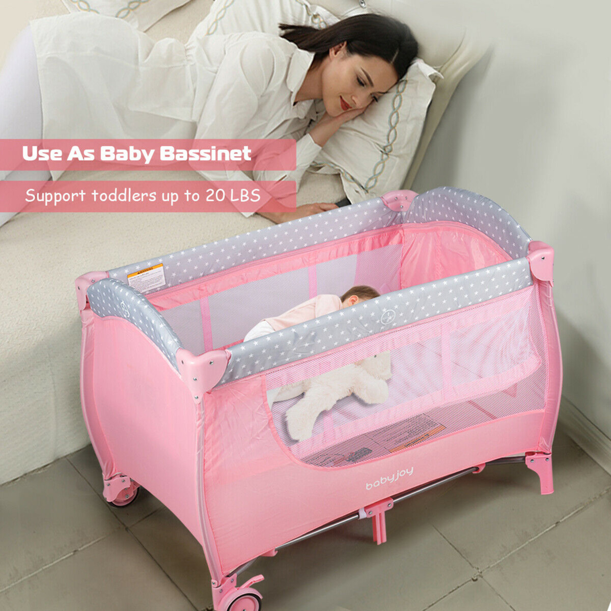 Foldable Baby Playard Portable Playpen Nursery Center W/ Changing Station Pink
