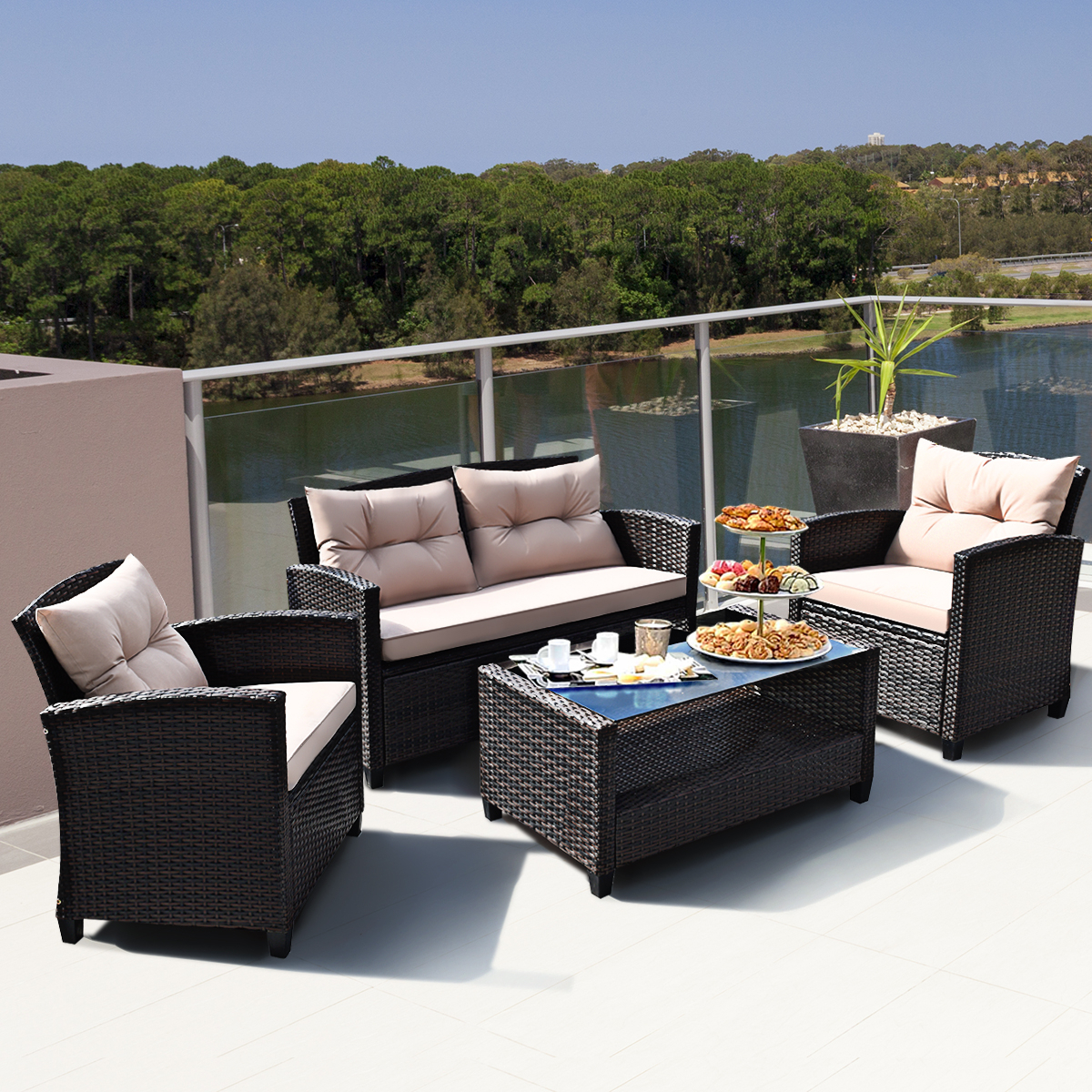 4pcs Outdoor Rattan Furniture Set Cushioned Sofa W/Armrest Home