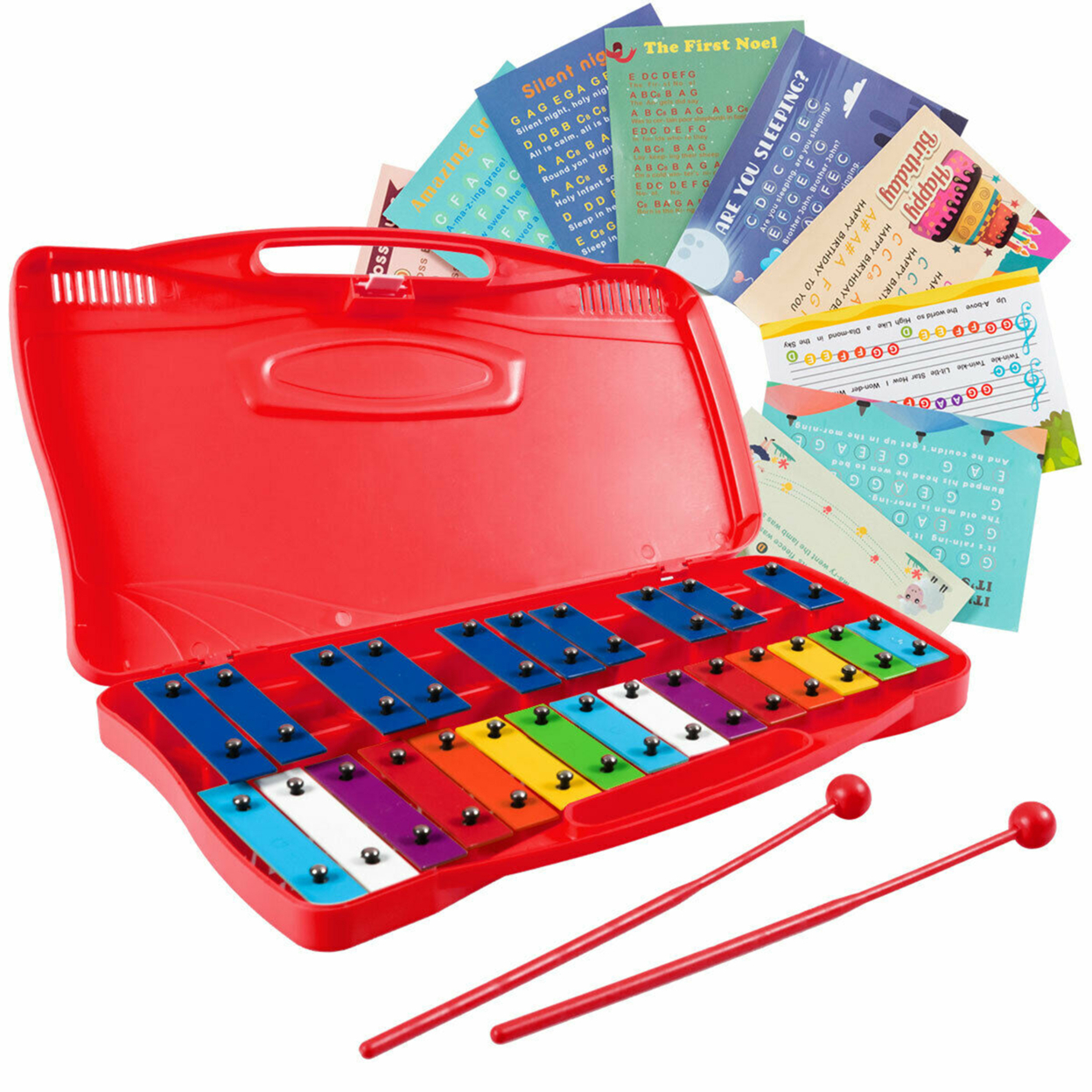 25 Notes Kids Glockenspiel Chromatic Metal Xylophone W/ Red Case And 2 Mallets