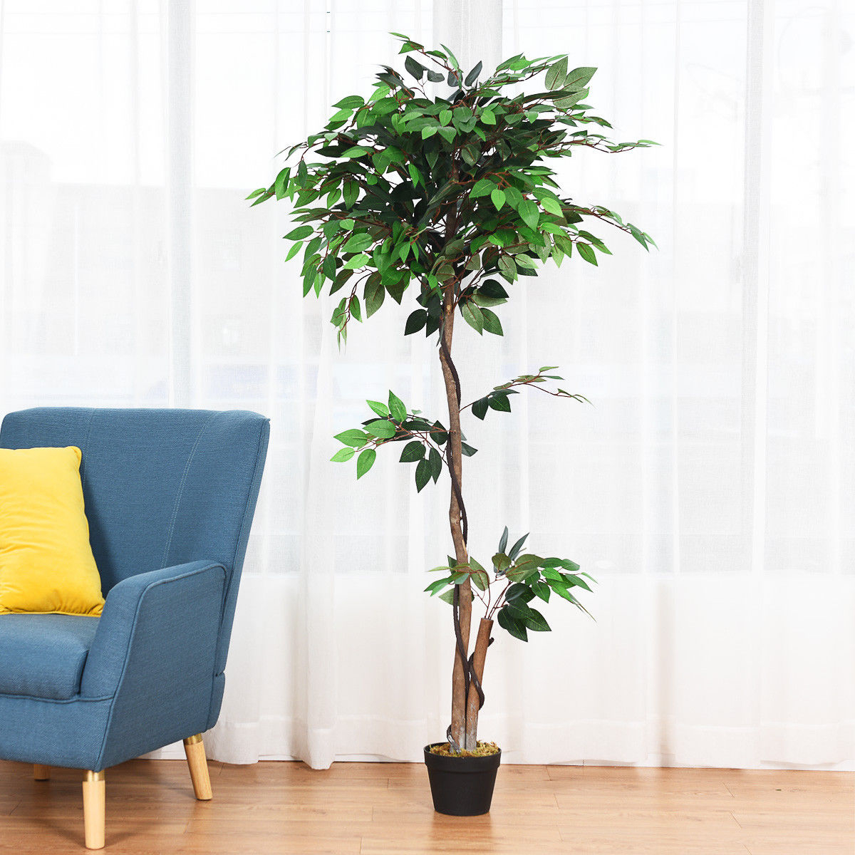 Artificial Ficus Silk Tree Wood Trunks Green 5.5 Feet Holiday Decor