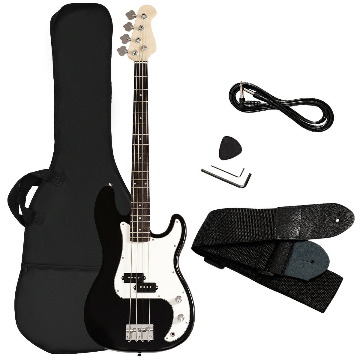 Electric Bass Guitar Full Size 4 String W/ Bag Strap Guitar Pick Amp Cord Black