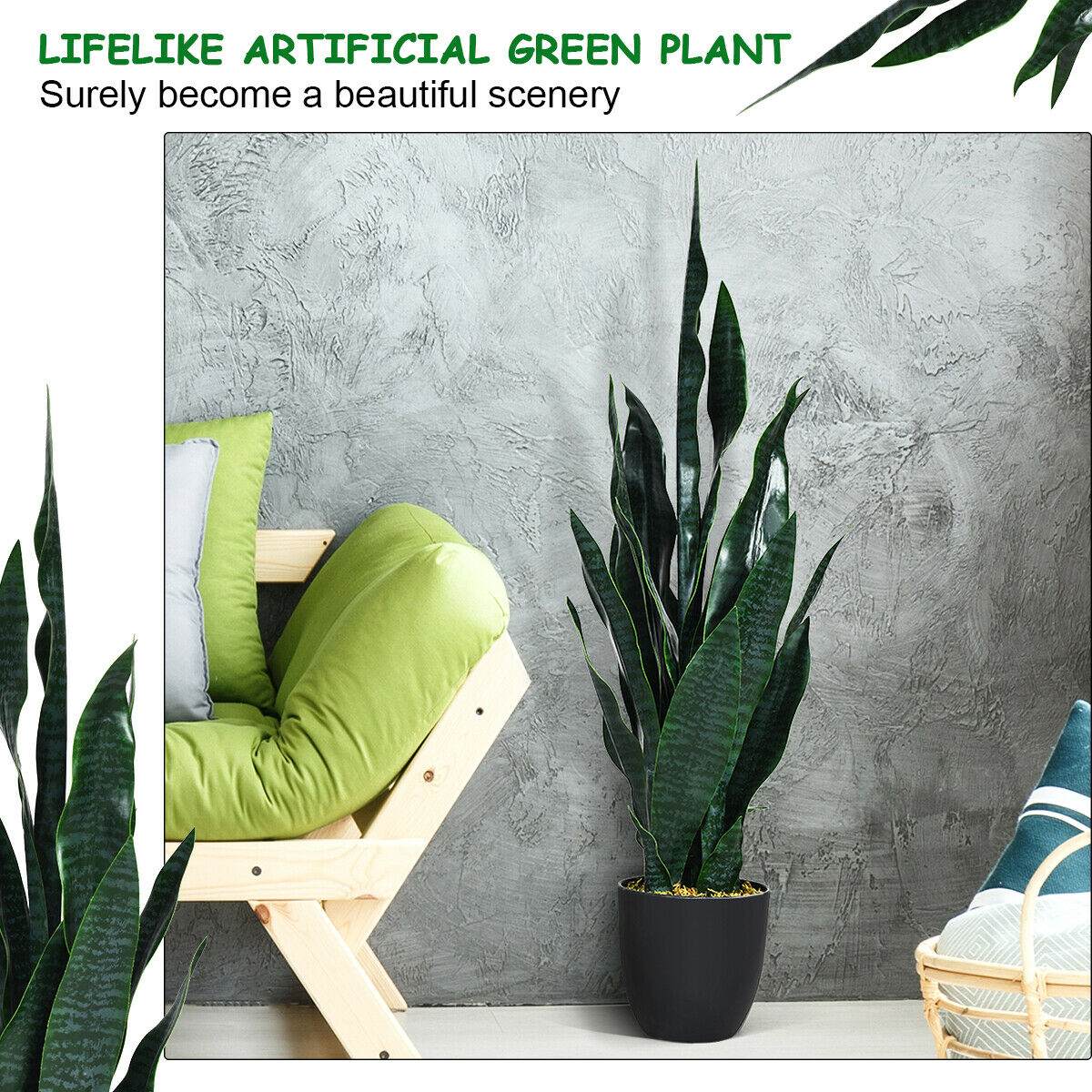 Artificial Fake Plant 35.5 Fake Sansevieria Indoor-Outdoor Decoration Green