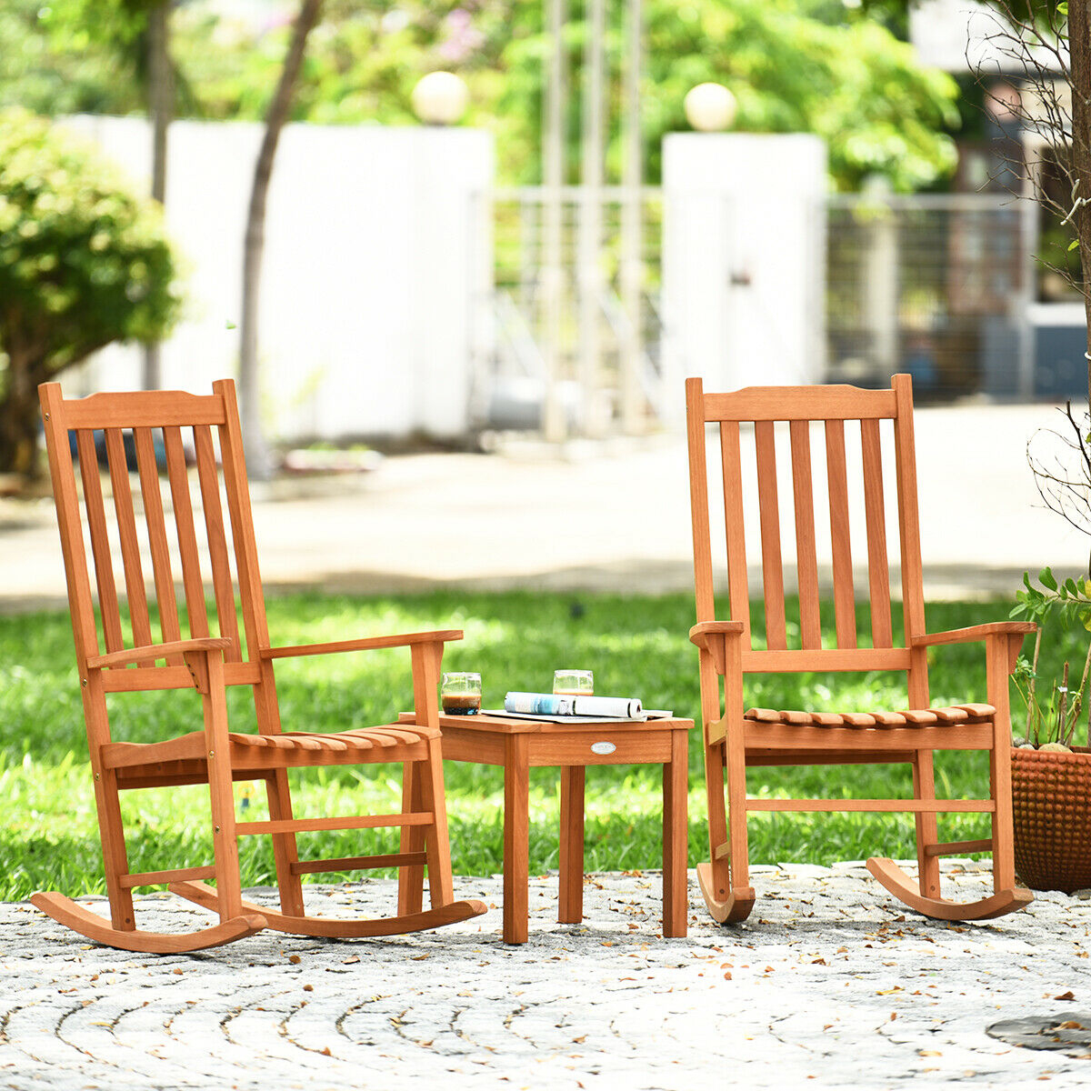 3 PCS Eucalyptus Rocking Chair Set W/ Coffee Table 2 Wood Conversation Chairs