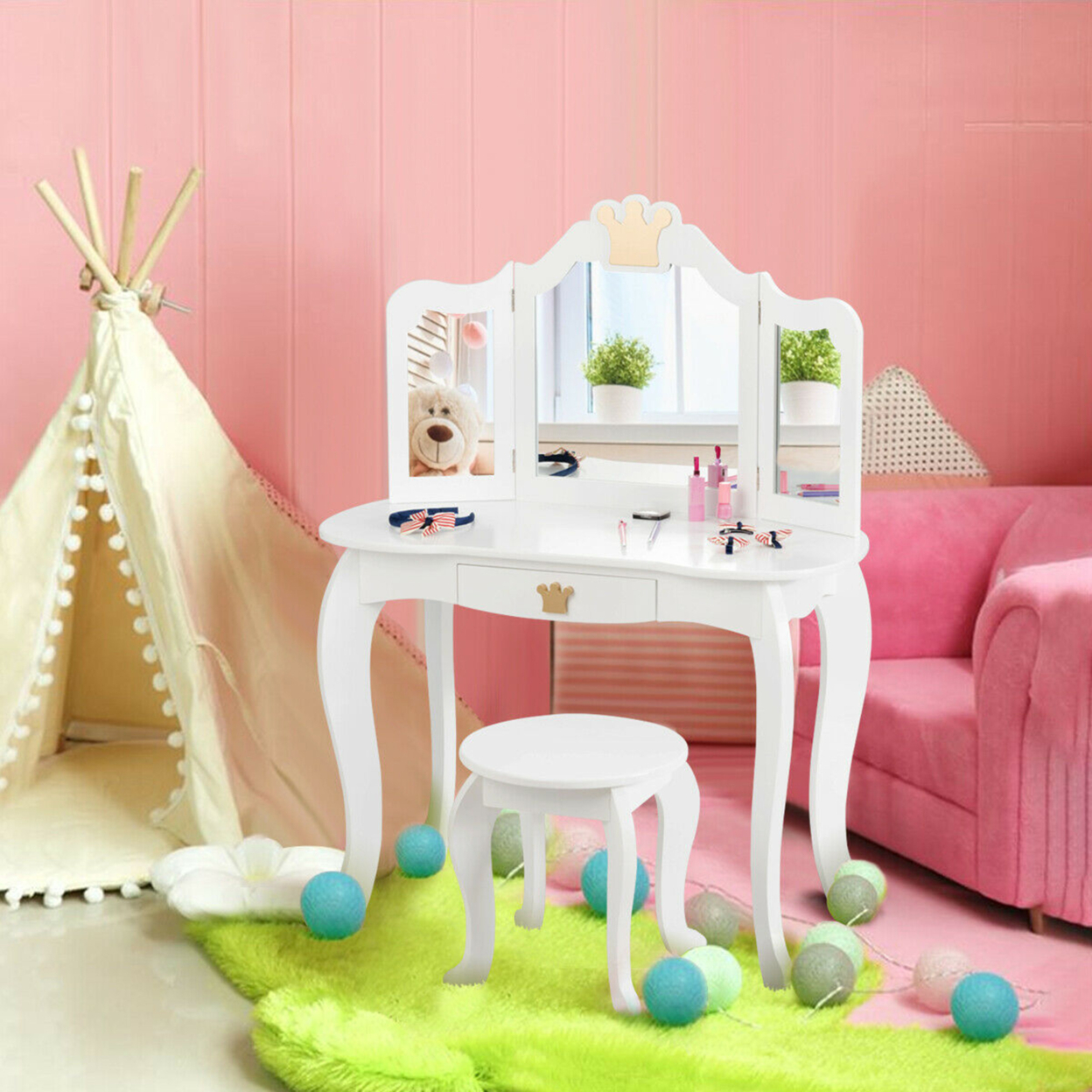 Kids Makeup Dressing Table Chair Set Princess Vanity & Tri-folding Mirror White