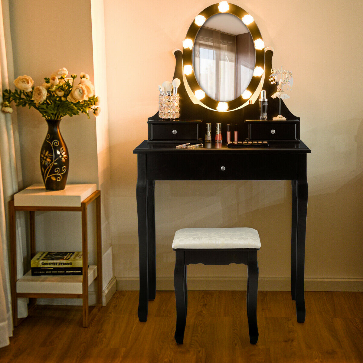 Bedroom Vanity Set Makeup Dressing Table W/3 Drawers 10 LED Bulb Black