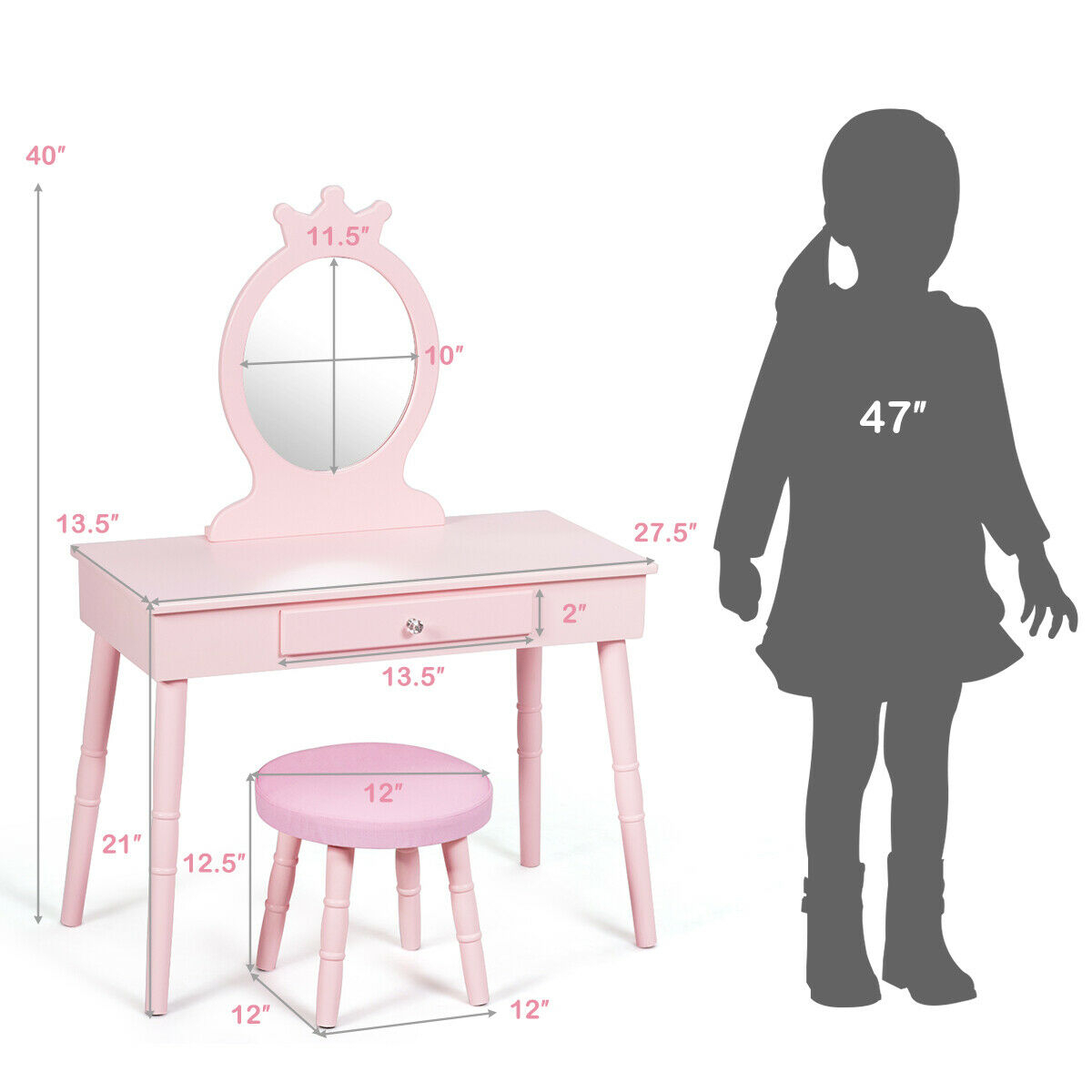 Kids Vanity Makeup Table & Chair Set Make Up Stool Play Set For Children Pink