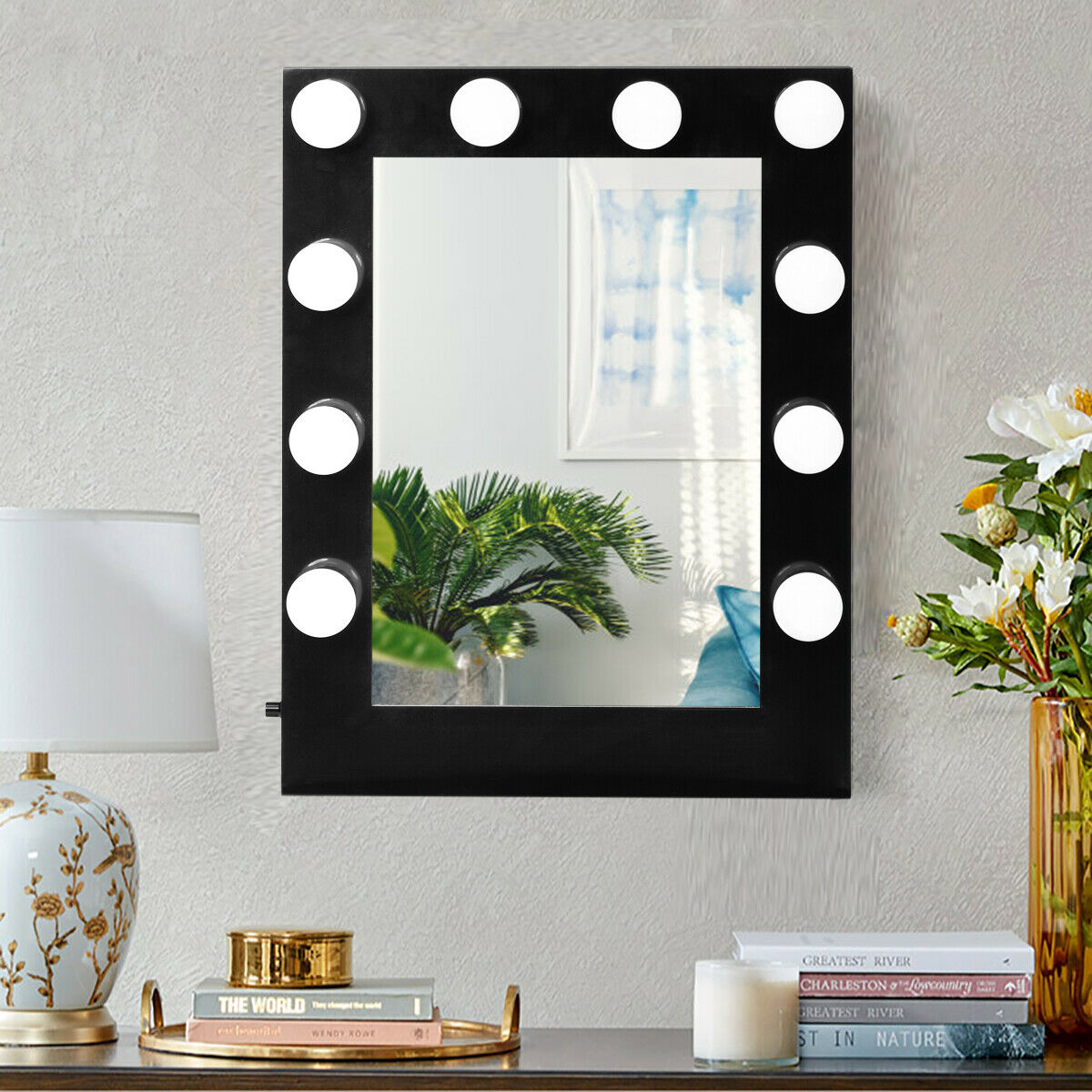Wall Mounted Vanity Mirror Hollywood Makeup Dimmer Light Black