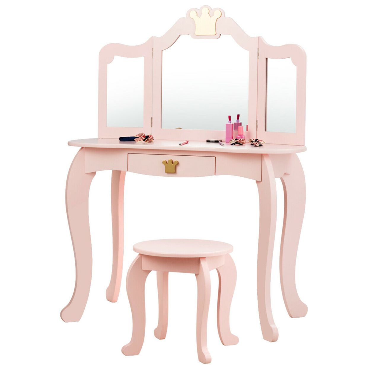 Kids Makeup Dressing Table Chair Set Princess Vanity & Tri-folding Mirror Pink