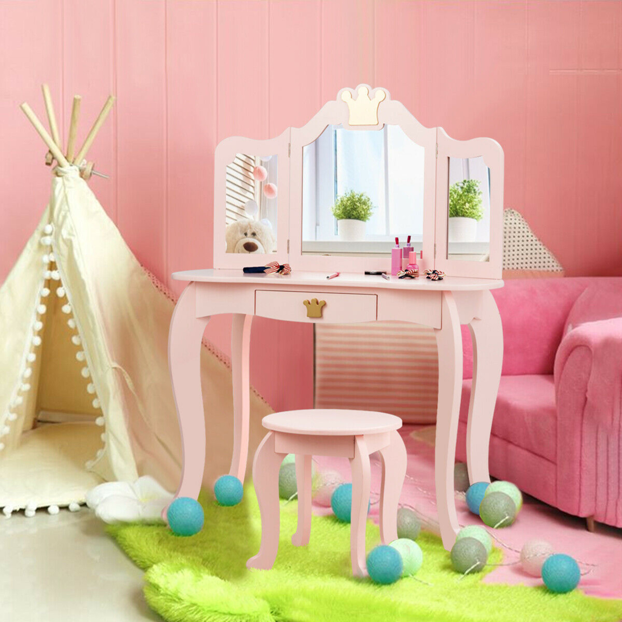 Kids Makeup Dressing Table Chair Set Princess Vanity & Tri-folding Mirror Pink