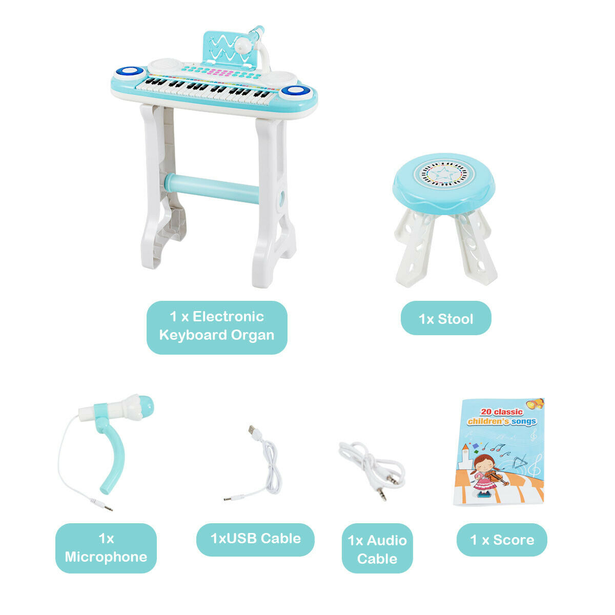 37-Key Toy Piano Keyboard W/ Stool Microphone Electronic Organ For Kids