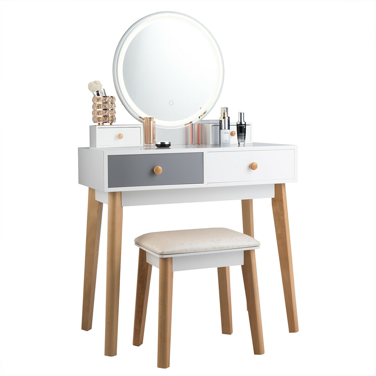 Makeup Dressing Vanity Table Set W/ Touch Screen Dimming Mirror Stool