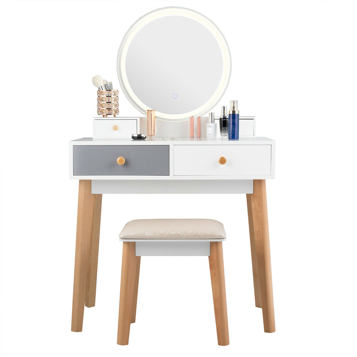 Makeup Dressing Vanity Table Set W/ Touch Screen Dimming Mirror Stool