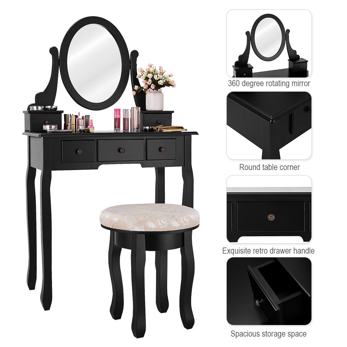 Black Makeup Table Vanity Table Set Cushioned Stool Mirror 5 Drawers