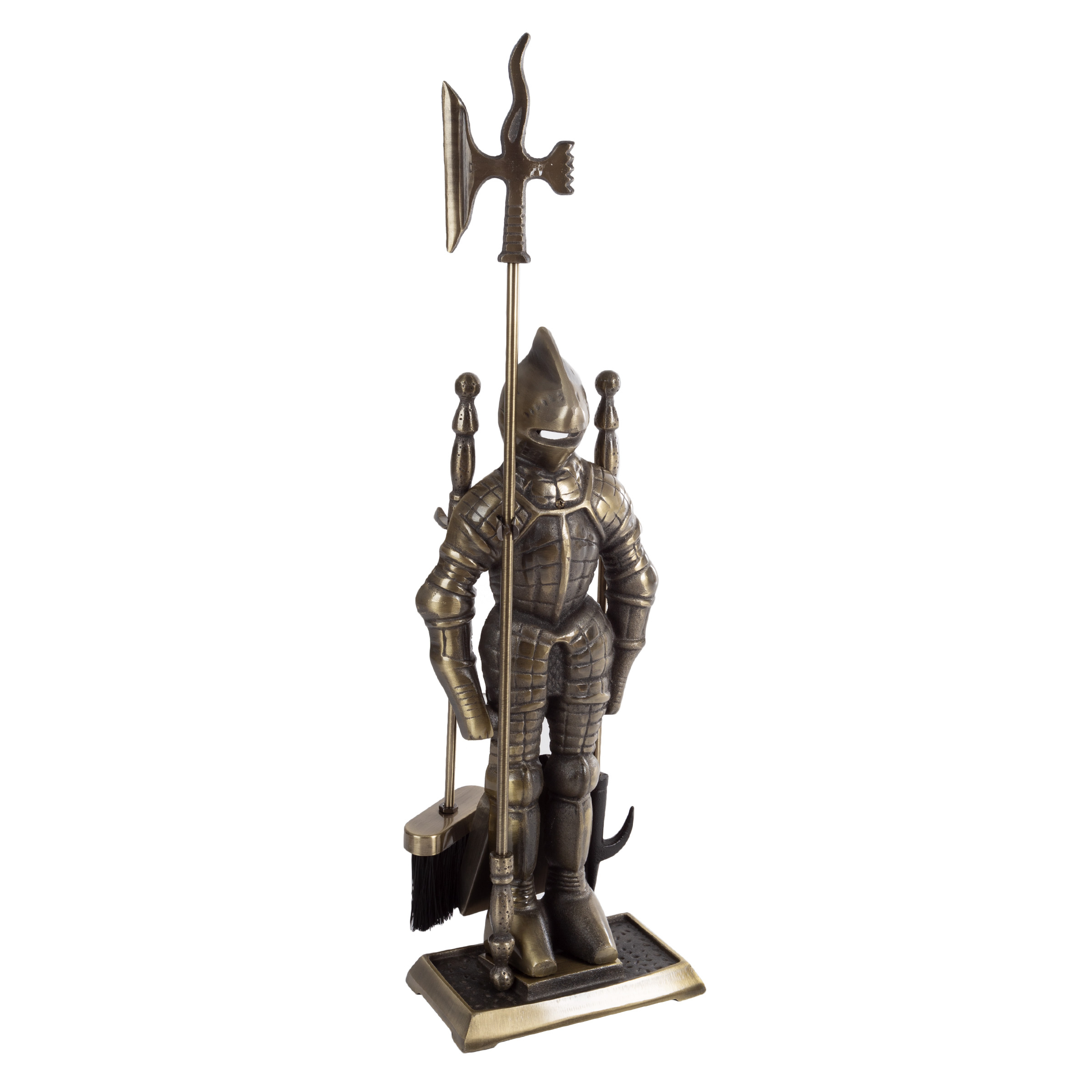 Fireplace Tool Set- Medieval Knight Cast Iron Statue Holds Heavy Duty Essential Tools