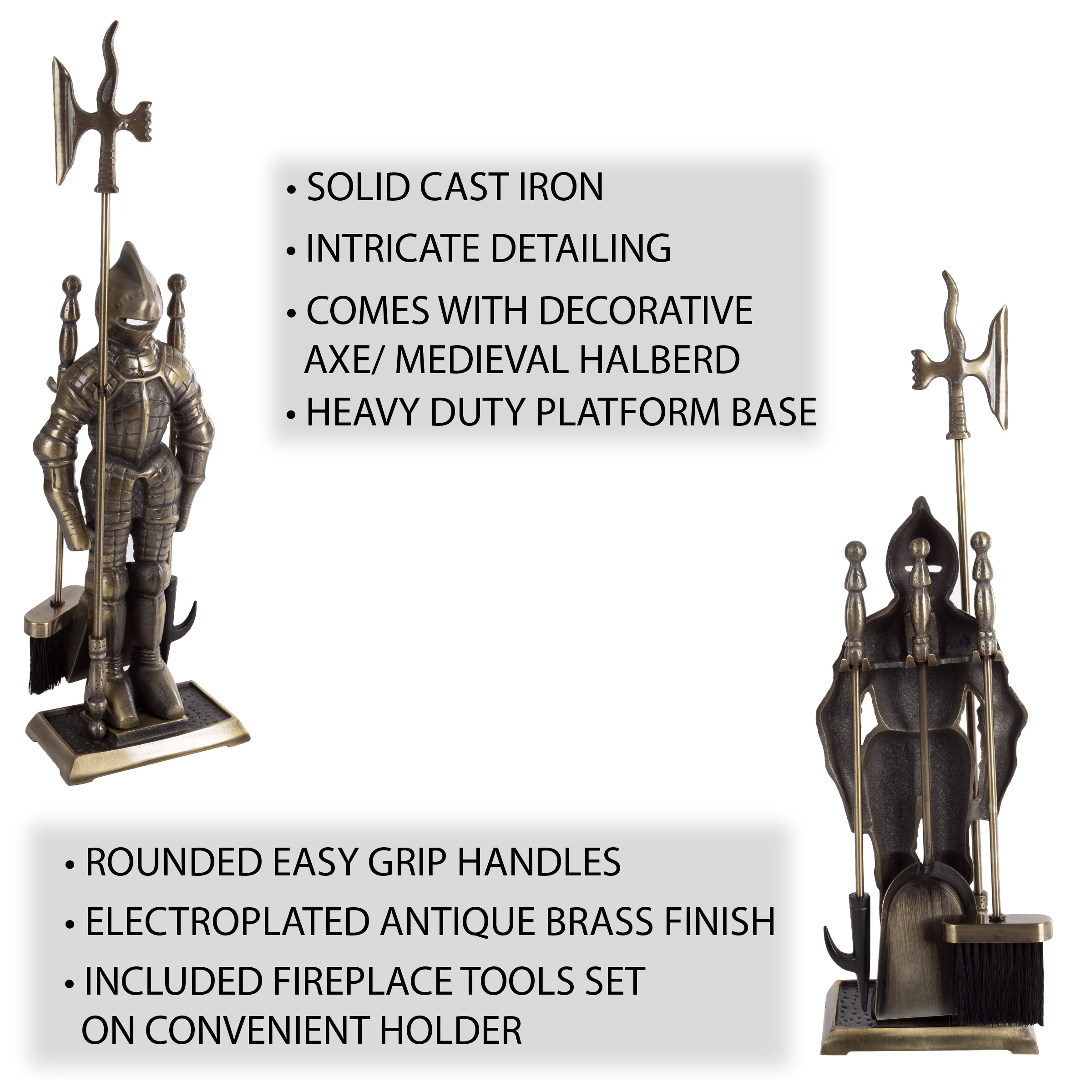 Fireplace Tool Set- Medieval Knight Cast Iron Statue Holds Heavy Duty Essential Tools