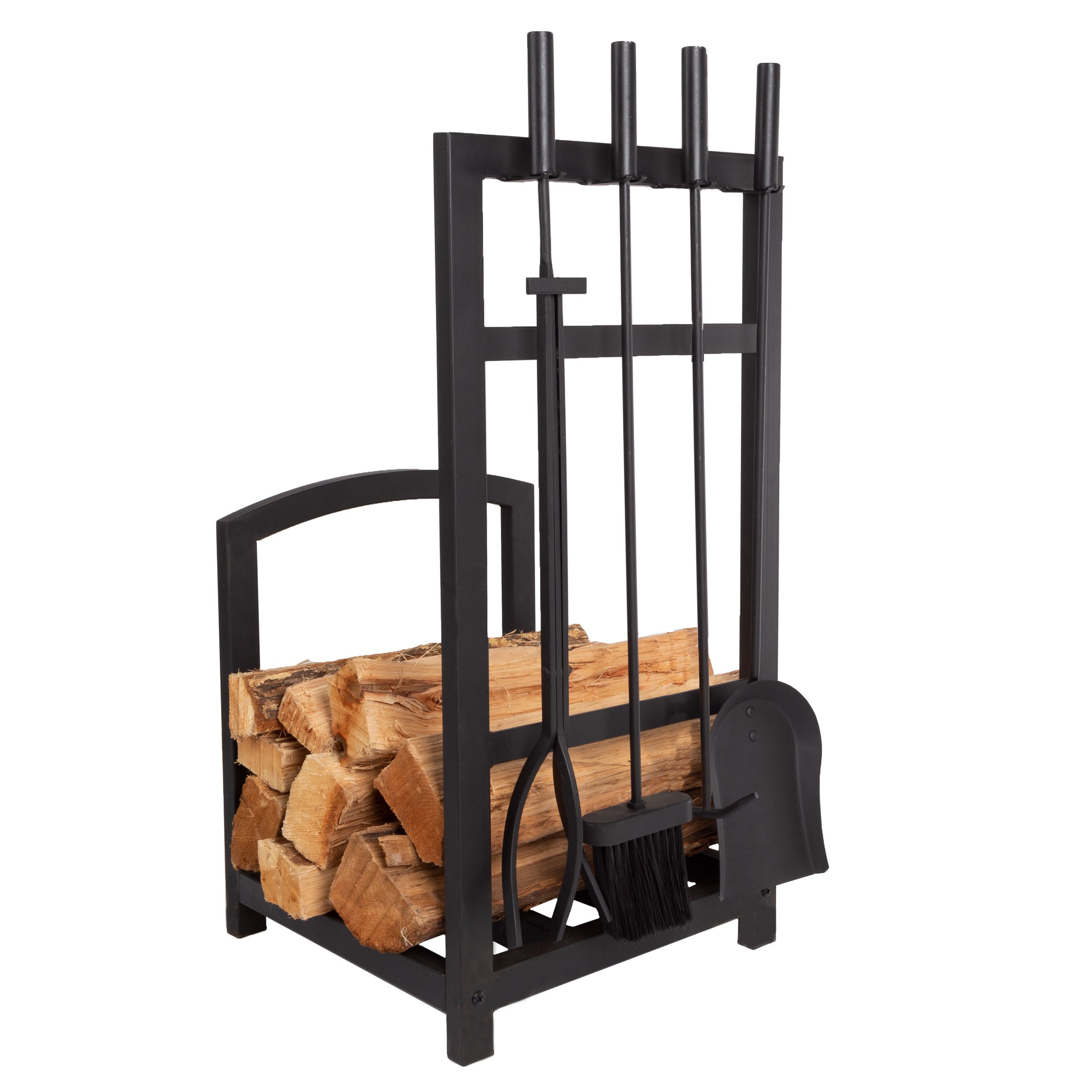 Fireplace Tool Set & Log Rack - Matte Black Mission Style Firewood Holder