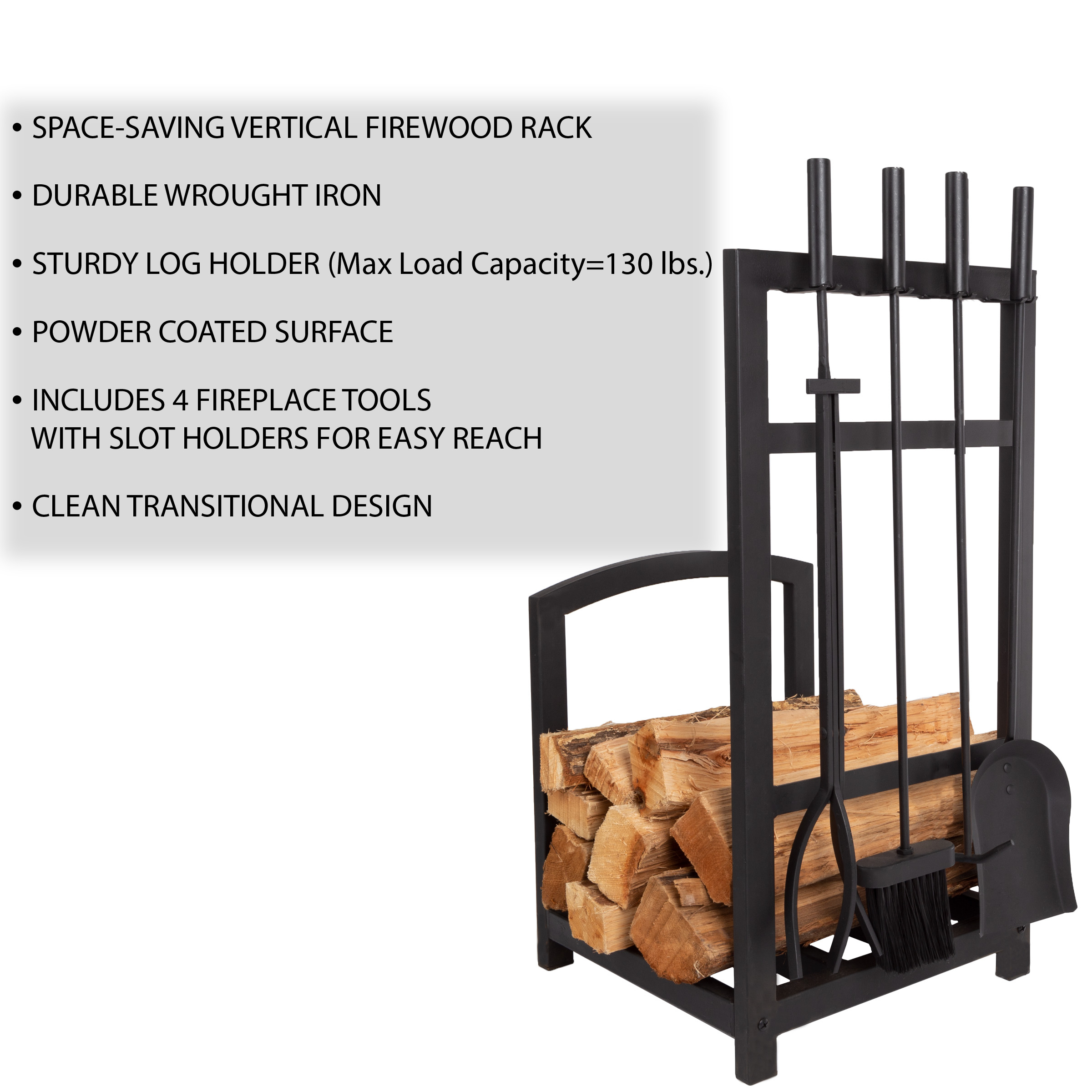 Fireplace Tool Set & Log Rack - Matte Black Mission Style Firewood Holder