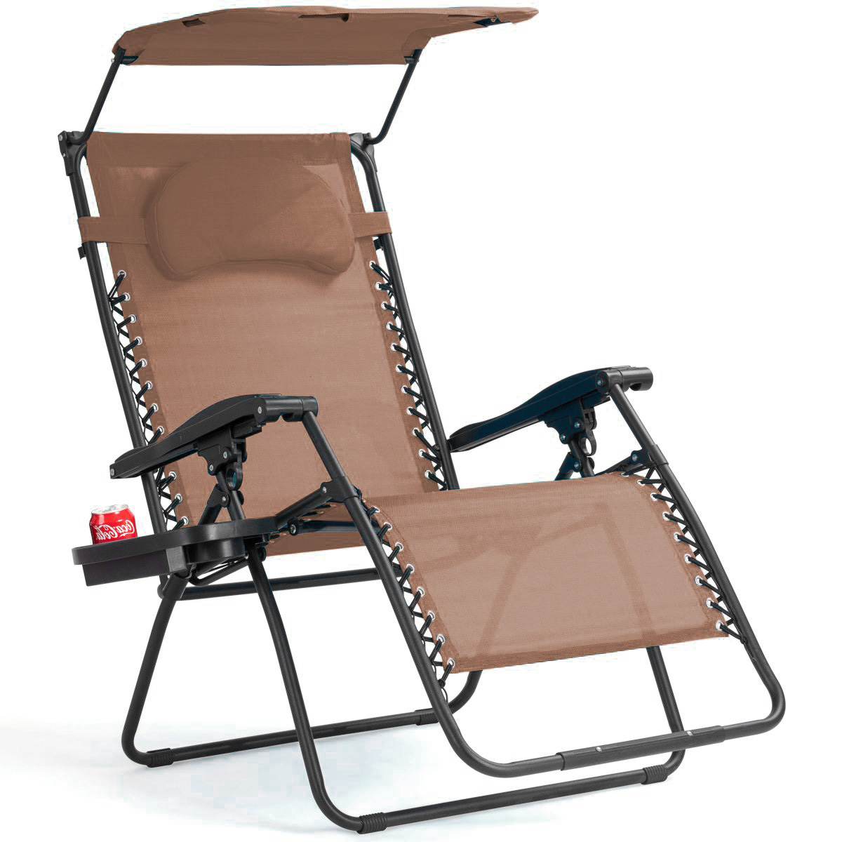 Folding Recliner Zero Gravity Lounge Chair W/ Shade Canopy Cup Holder Brown