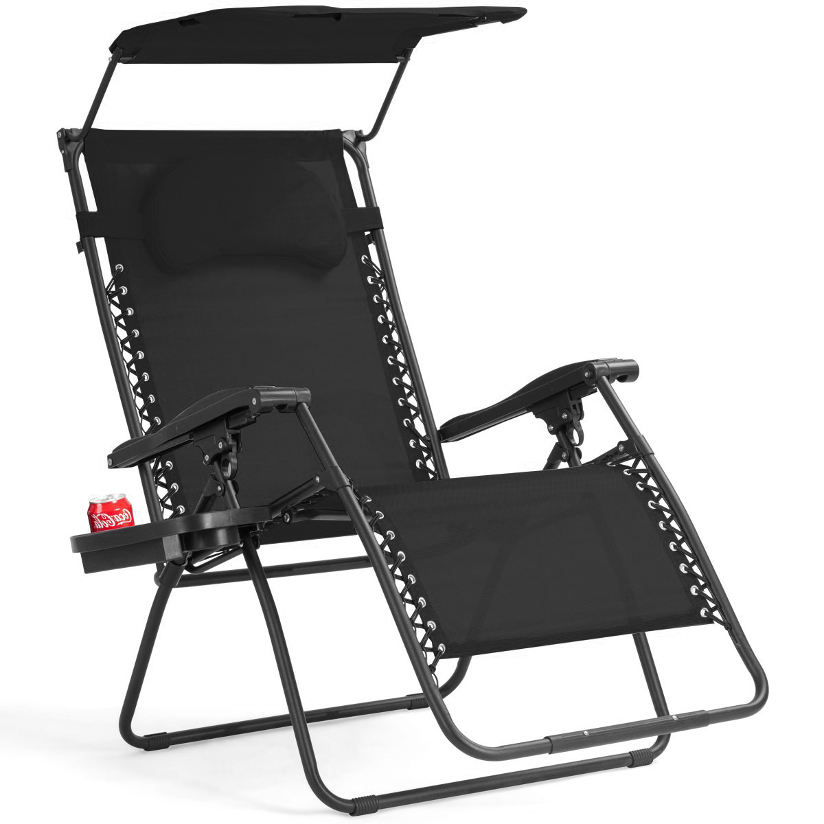 Folding Recliner Zero Gravity Lounge Chair W/ Shade Canopy Cup Holder Black