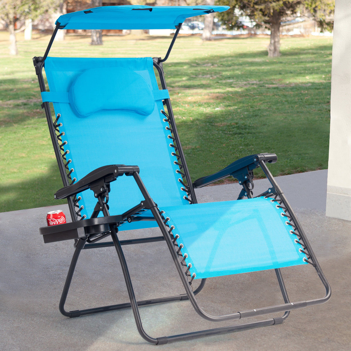 Folding Recliner Zero Gravity Lounge Chair W/ Shade Canopy Cup Holder Blue