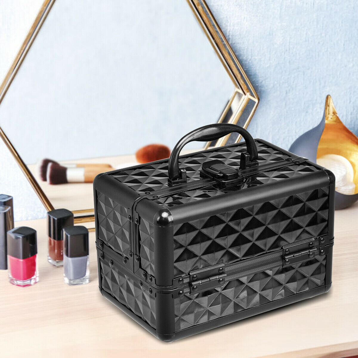 Makeup Organizer Cosmetic Case With Extendable Trays And Mirror Black