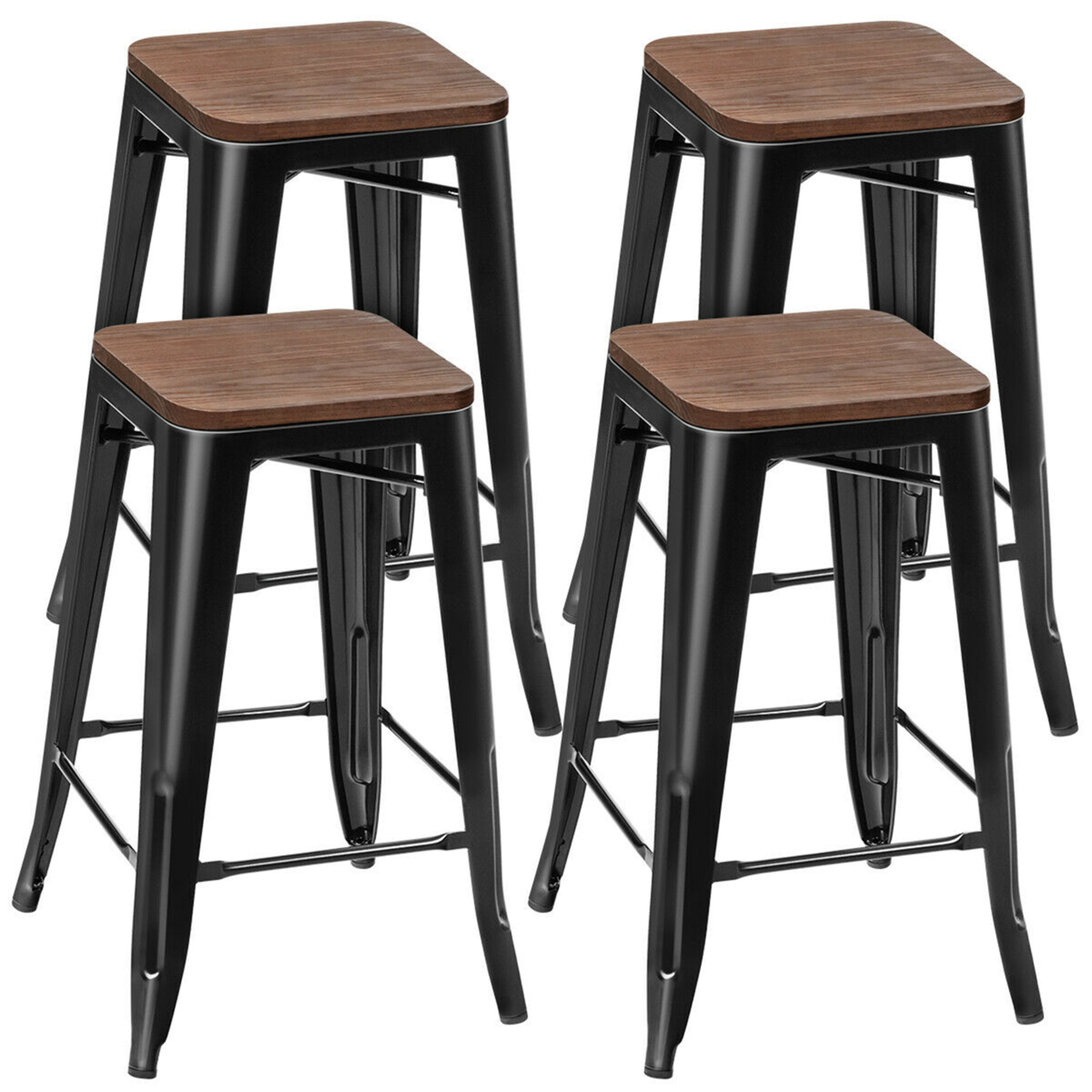 Set Of 4 Counter Height Backless Barstool 26'' Metal Stackable Stool W/Wood Seat