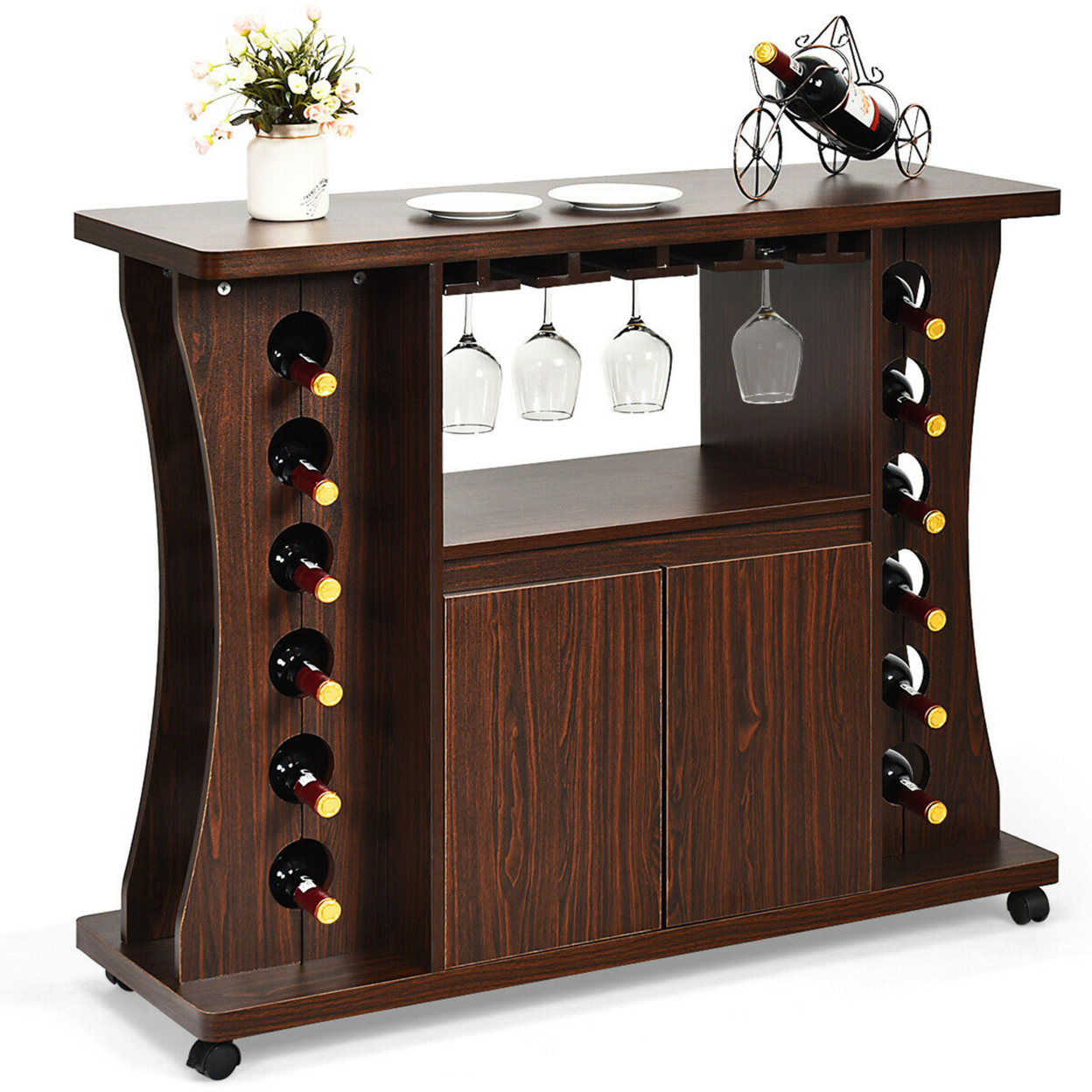 Rolling Buffet Sideboard Wooden Bar Storage Cabinet W/ Wine Rack & Glass Holder