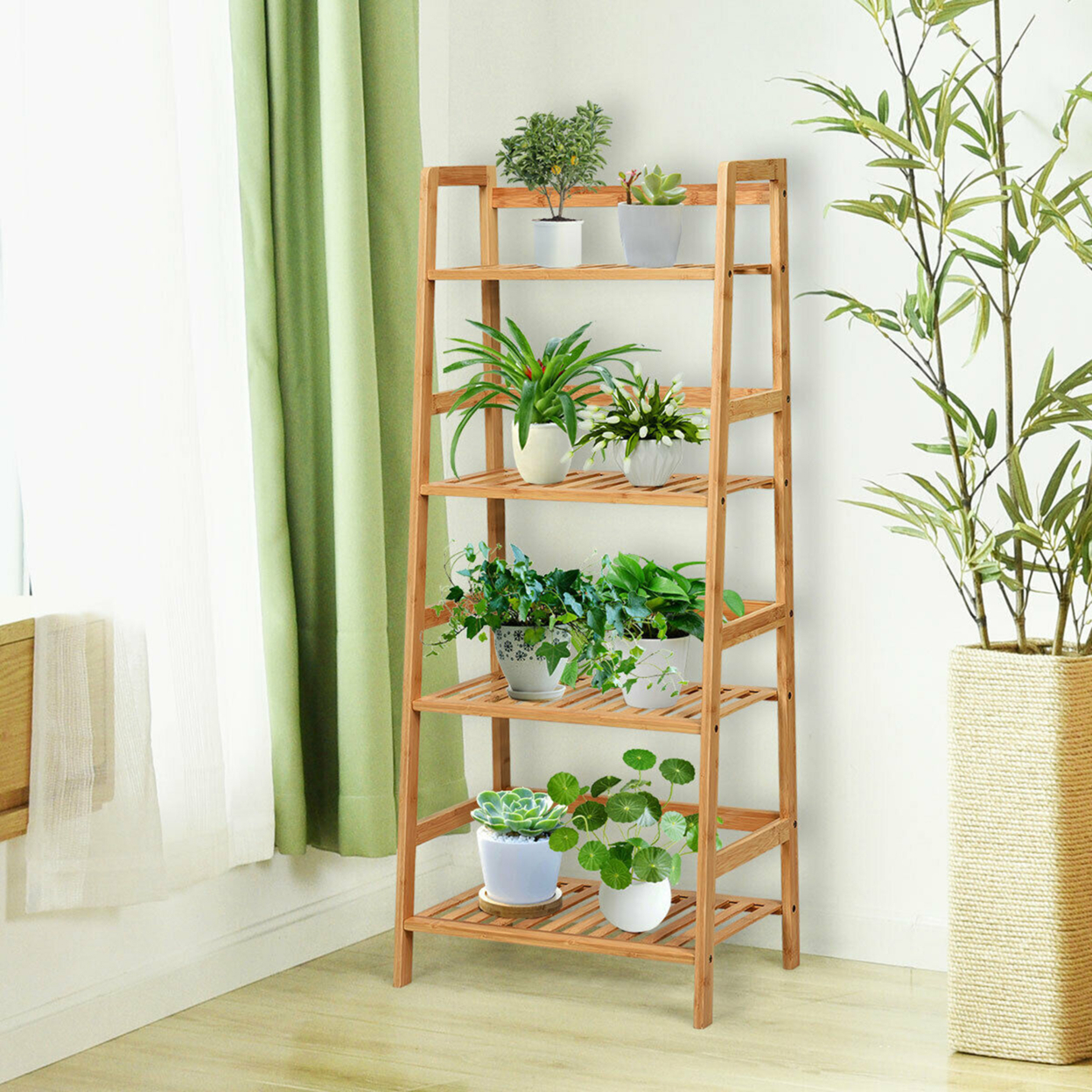 4-Tier Bamboo Ladder Shelf Multipurpose Plant Display Stand Storage Bookshelf