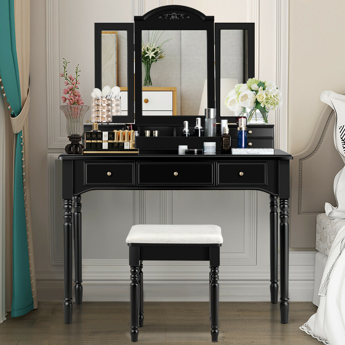 7 Drawers Vanity Set Dressing Table W/ Tri-Folding Mirror Black