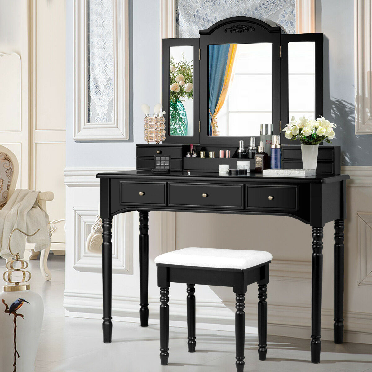 7 Drawers Vanity Set Dressing Table W/ Tri-Folding Mirror Black