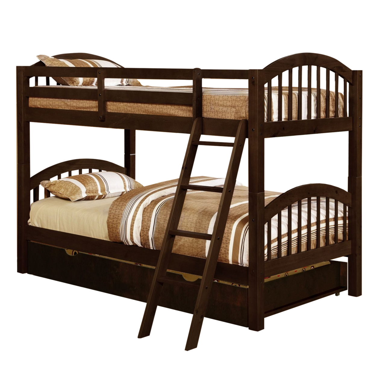 Arch Design Wooden Twin Over Twin Bunk Bed With Trundle, Dark Brown- Saltoro Sherpi
