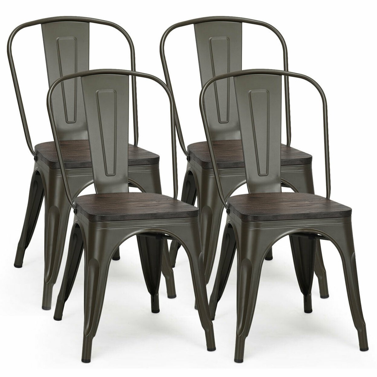 Set Of 4 Metal Dining Side Chair Wood Seat Stackable Bistro Cafe Gun