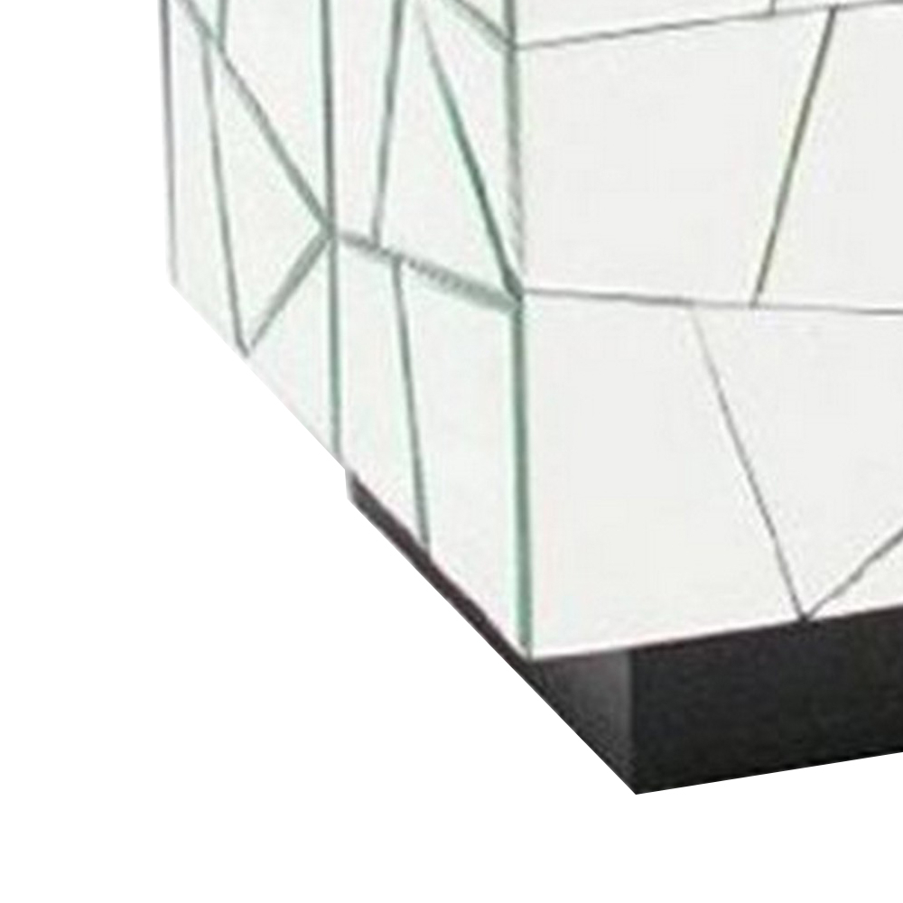 Wooden Stand With Geometric Mirror Inlay, Silver- Saltoro Sherpi