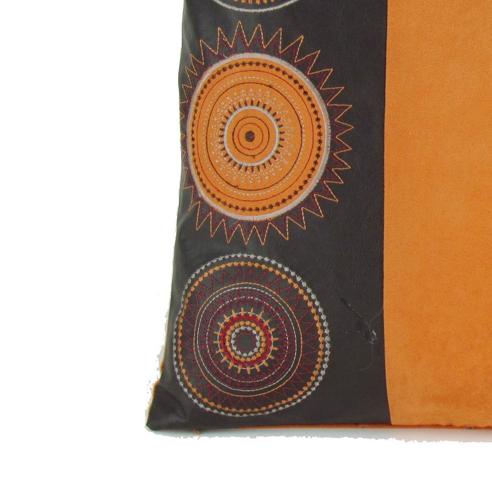 Leatherette And Fabric Accent Pillow, Orange And Brown- Saltoro Sherpi