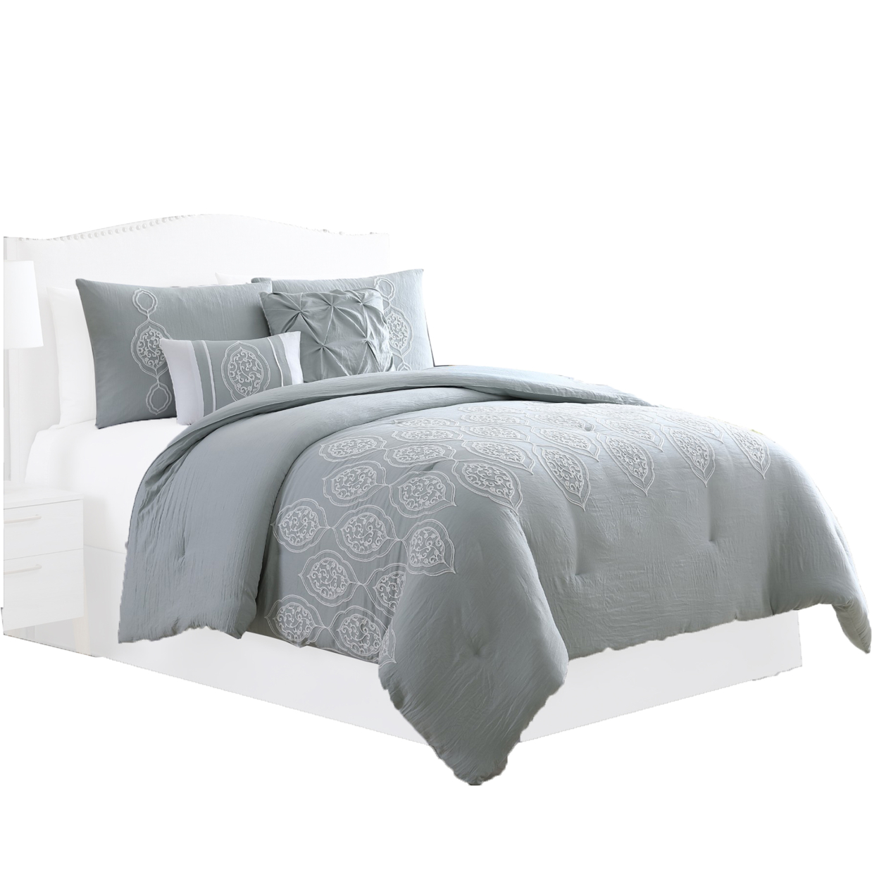 Ohio 5 Piece Queen Comforter Set With Scrolled Motifs, Gray And White By The Urban Port- Saltoro Sherpi