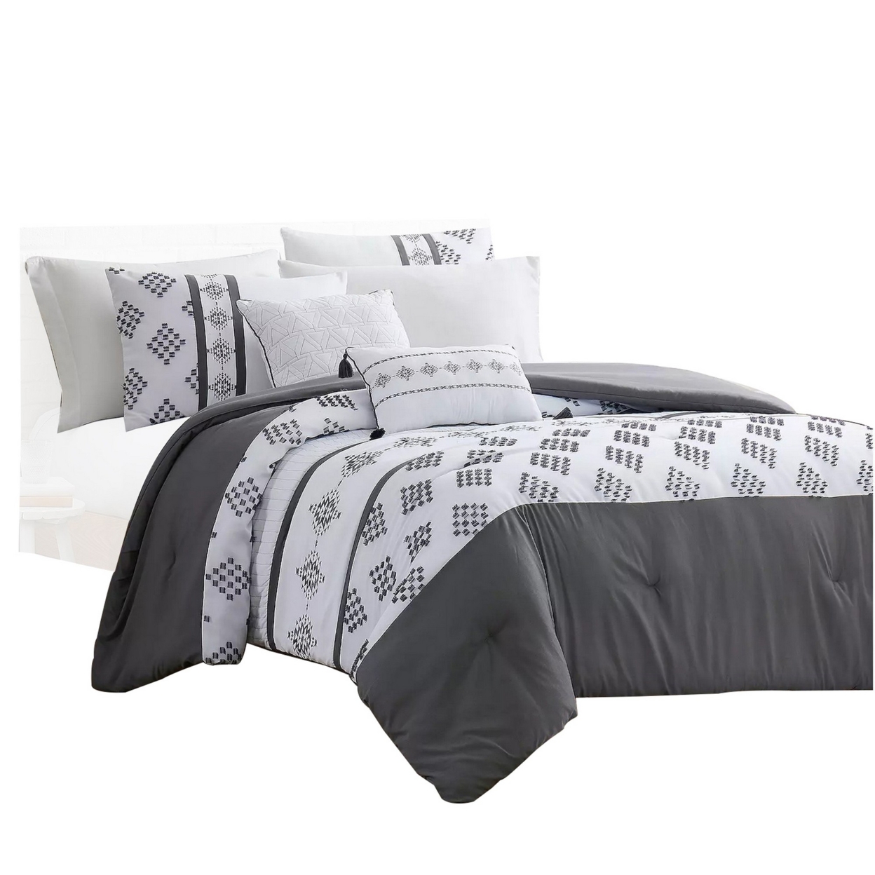 Ohio 5 Piece Queen Comforter Set With Geometric Prints, White And Gray By The Urban Port- Saltoro Sherpi
