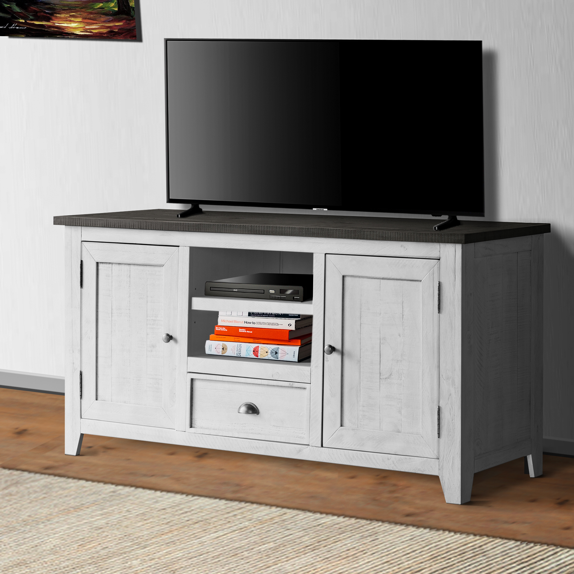 Coastal Wooden TV Stand With 2 Cabinets And 1 Drawer, White And Gray- Saltoro Sherpi
