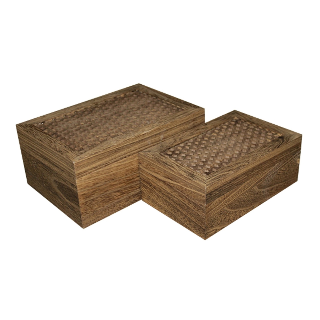 Wooden Storage Box With Intricately Carved Lidded Top, Set Of 2, Brown- Saltoro Sherpi