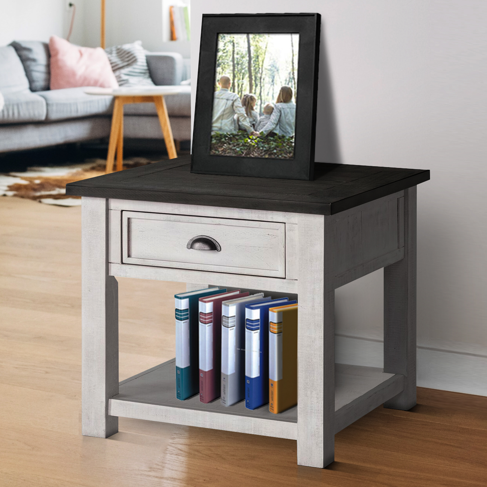 Coastal Style Square Wooden End Table With 1 Drawer, White And Gray- Saltoro Sherpi
