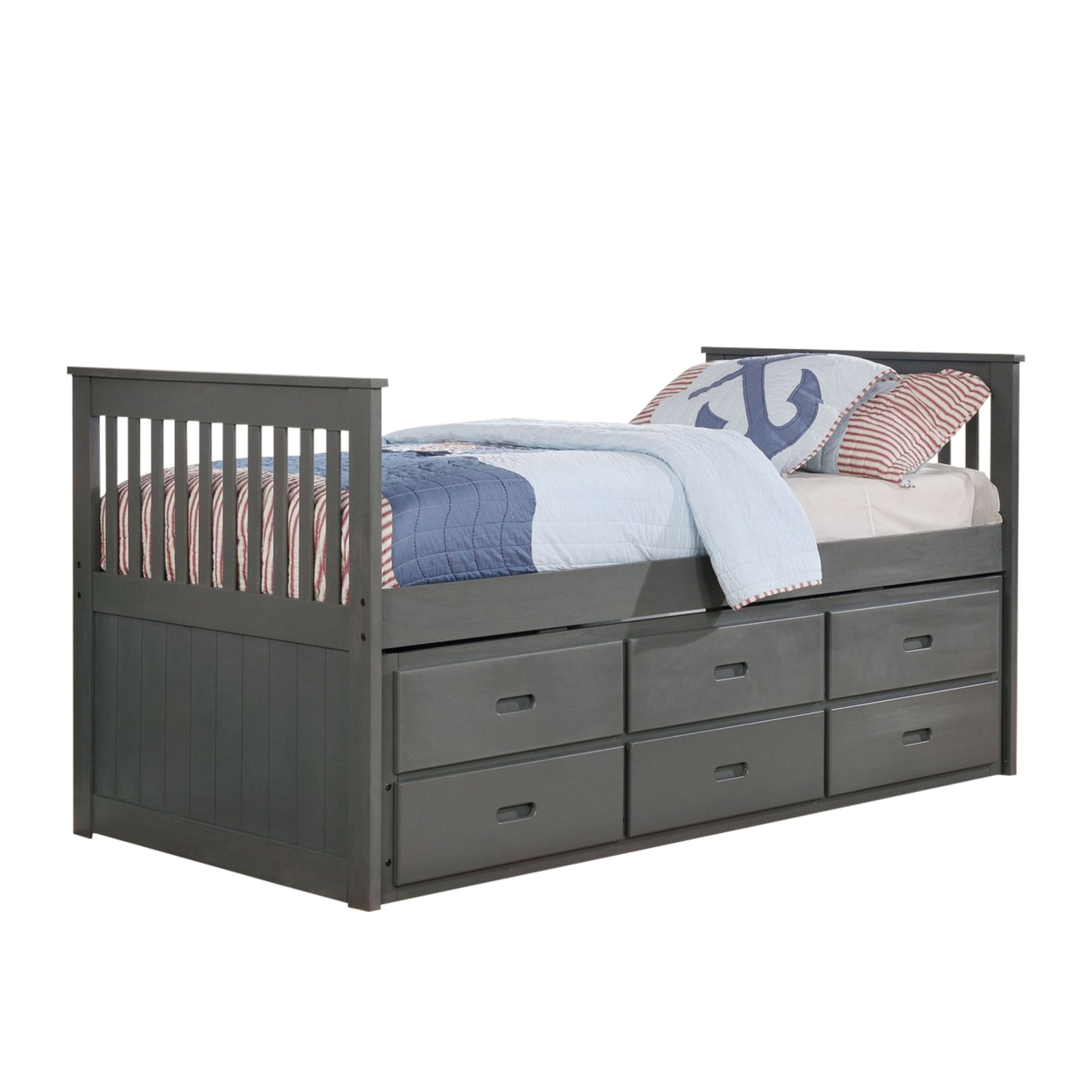 Mission Style Wooden Twin Captain Bed With Trundle And 3 Drawers, Gray- Saltoro Sherpi