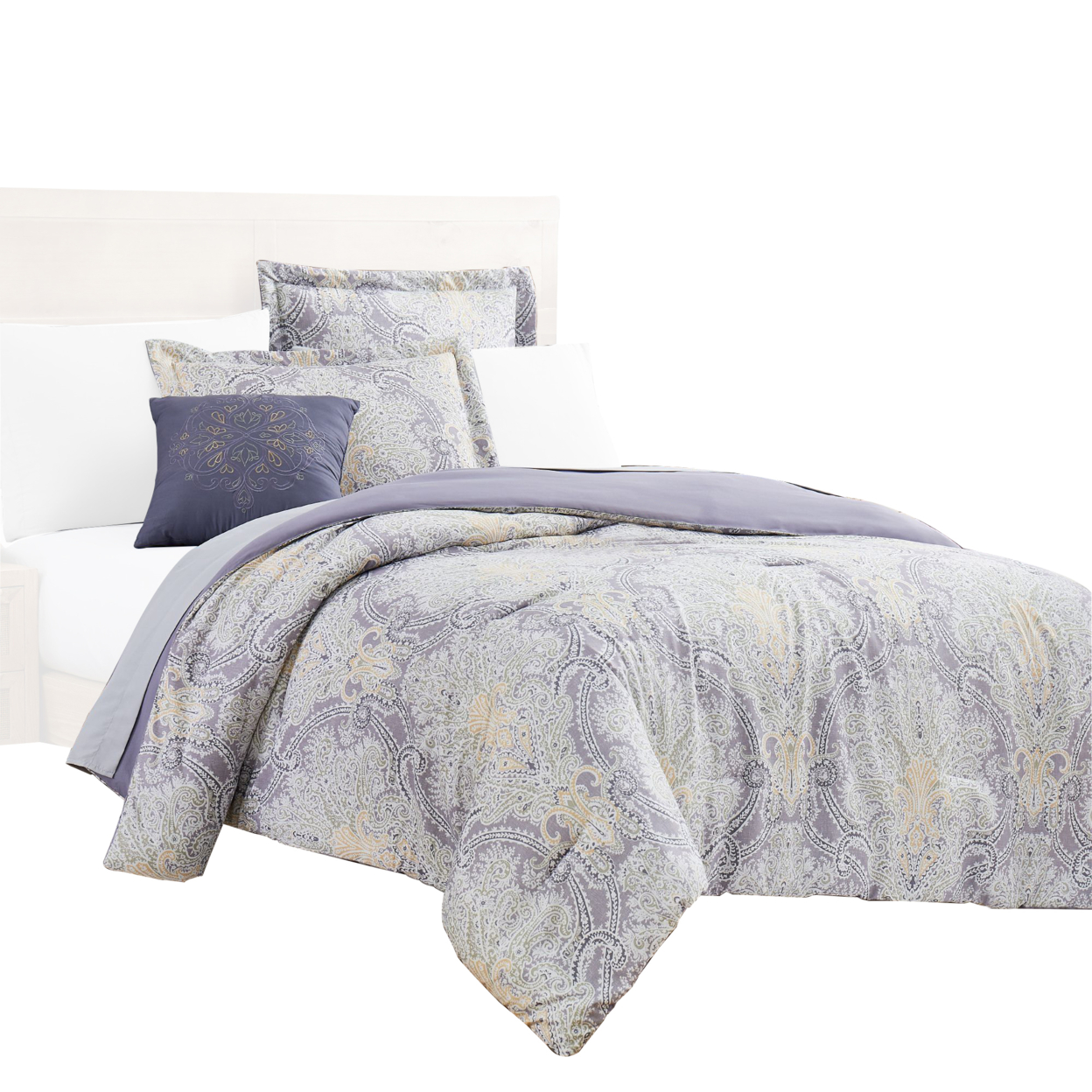 Chania 8 Piece Queen Bed Set With Paisley Print The Urban Port, Purple And White- Saltoro Sherpi