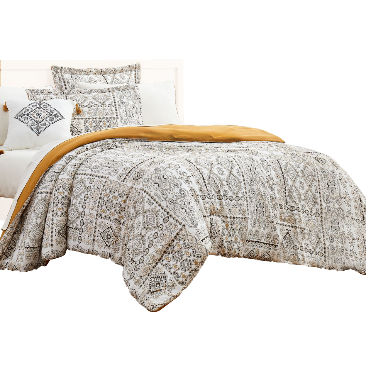 Chania 8 Piece King Bed Set With Tribal Print The Urban Port, White And Brown- Saltoro Sherpi