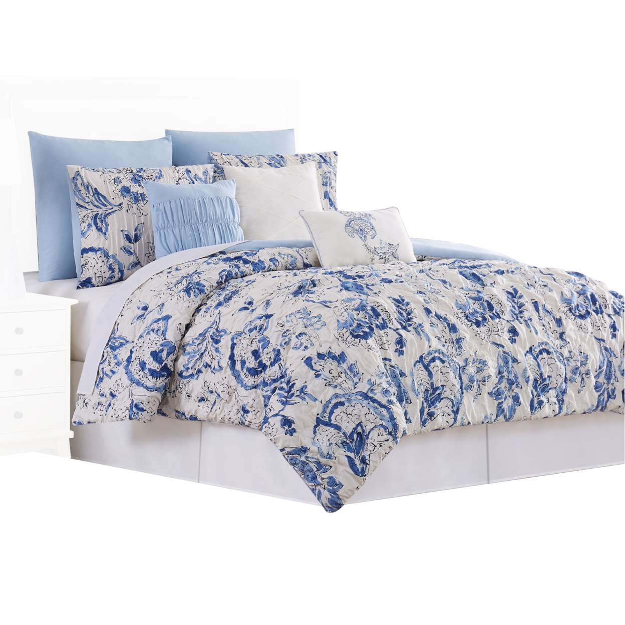 Corfu Floral Print 8 Piece Queen Comforter Set The Urban Port, White And Blue- Saltoro Sherpi