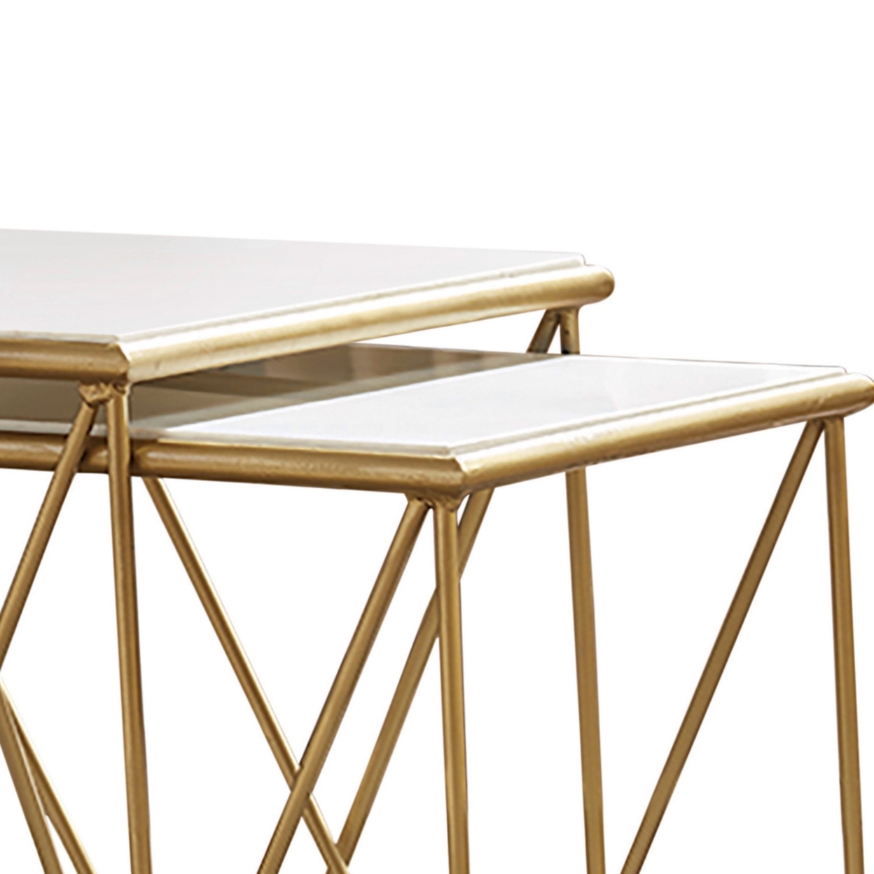 2 Piece Marble Top Nesting Table With Geometric Base, White And Gold- Saltoro Sherpi