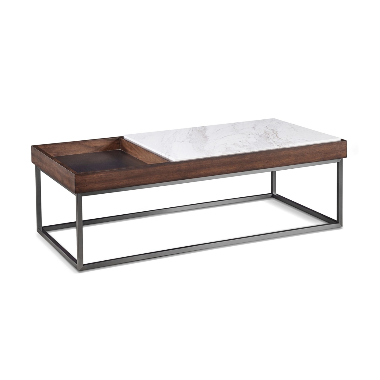 48 Inches Marble Top Coffee Table With Storage Slot, White And Brown- Saltoro Sherpi
