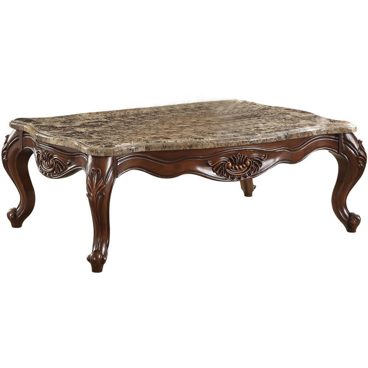 Traditional Style Rectangular Marble And Wooden Coffee Table, Brown- Saltoro Sherpi