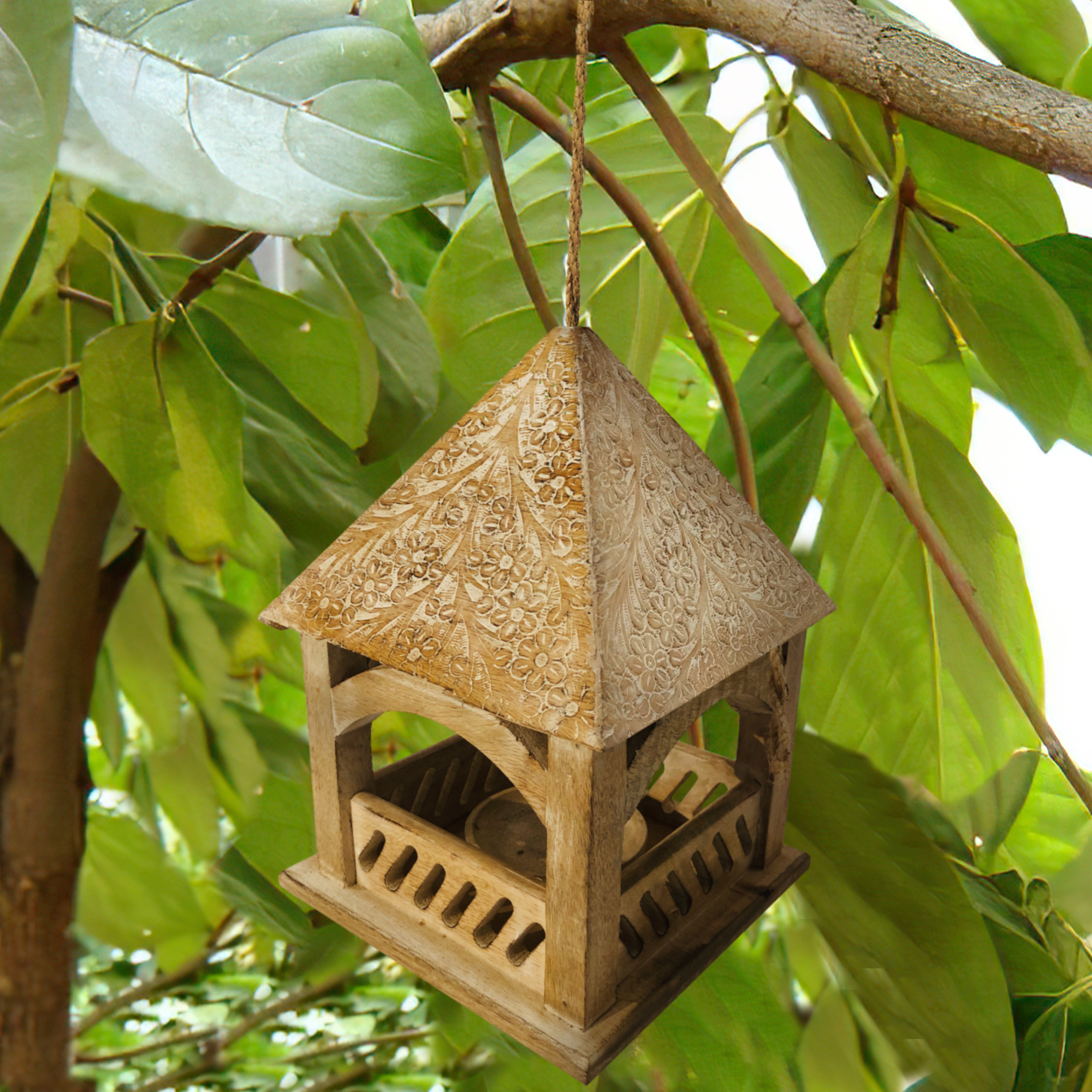 Floral Engraved Decorative Temple Top Mango Wood Hanging Bird House With Feeder, Brown- Saltoro Sherpi