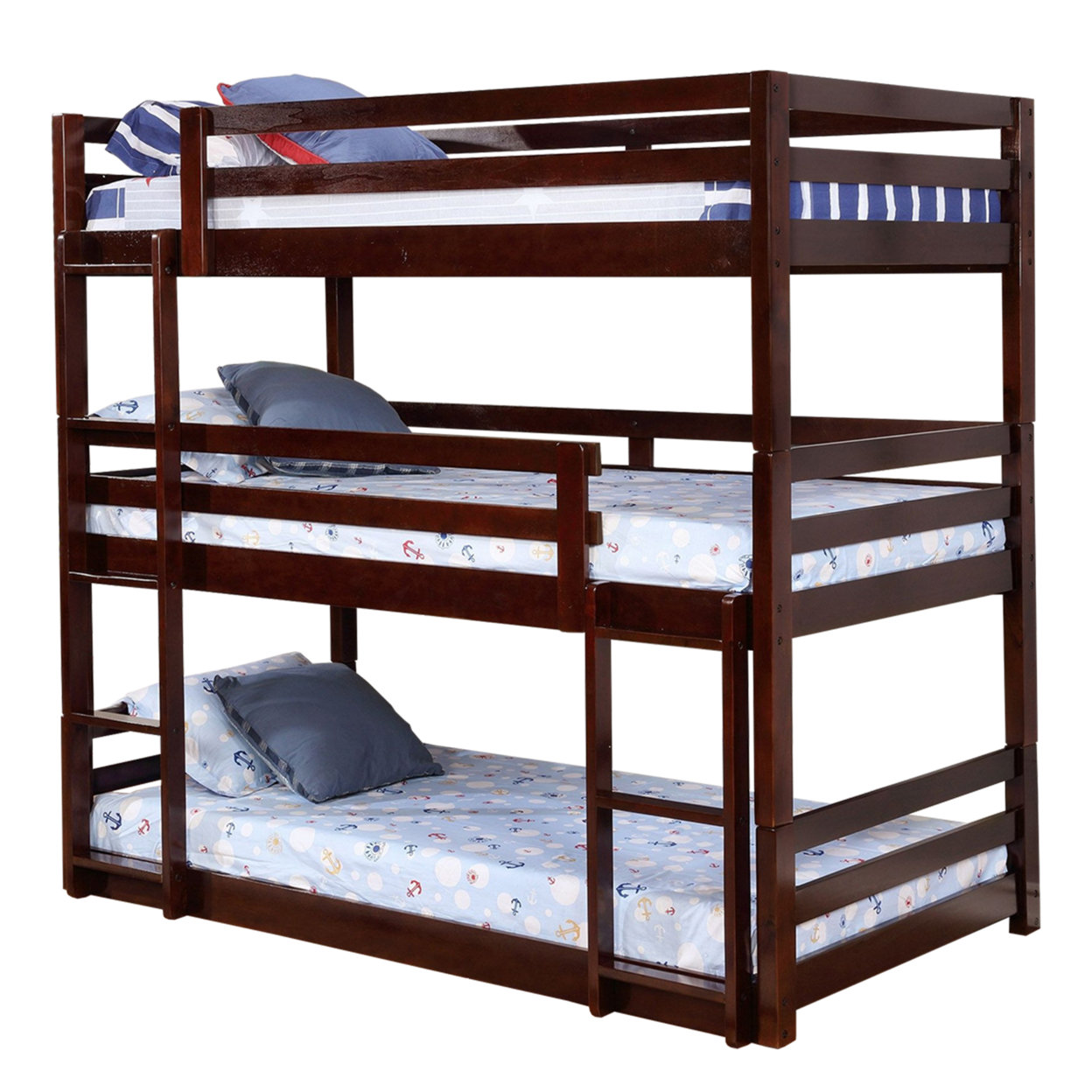 3 Tier Design Wooden Twin Size Bunk Bed With Attached Guardrails, Brown- Saltoro Sherpi